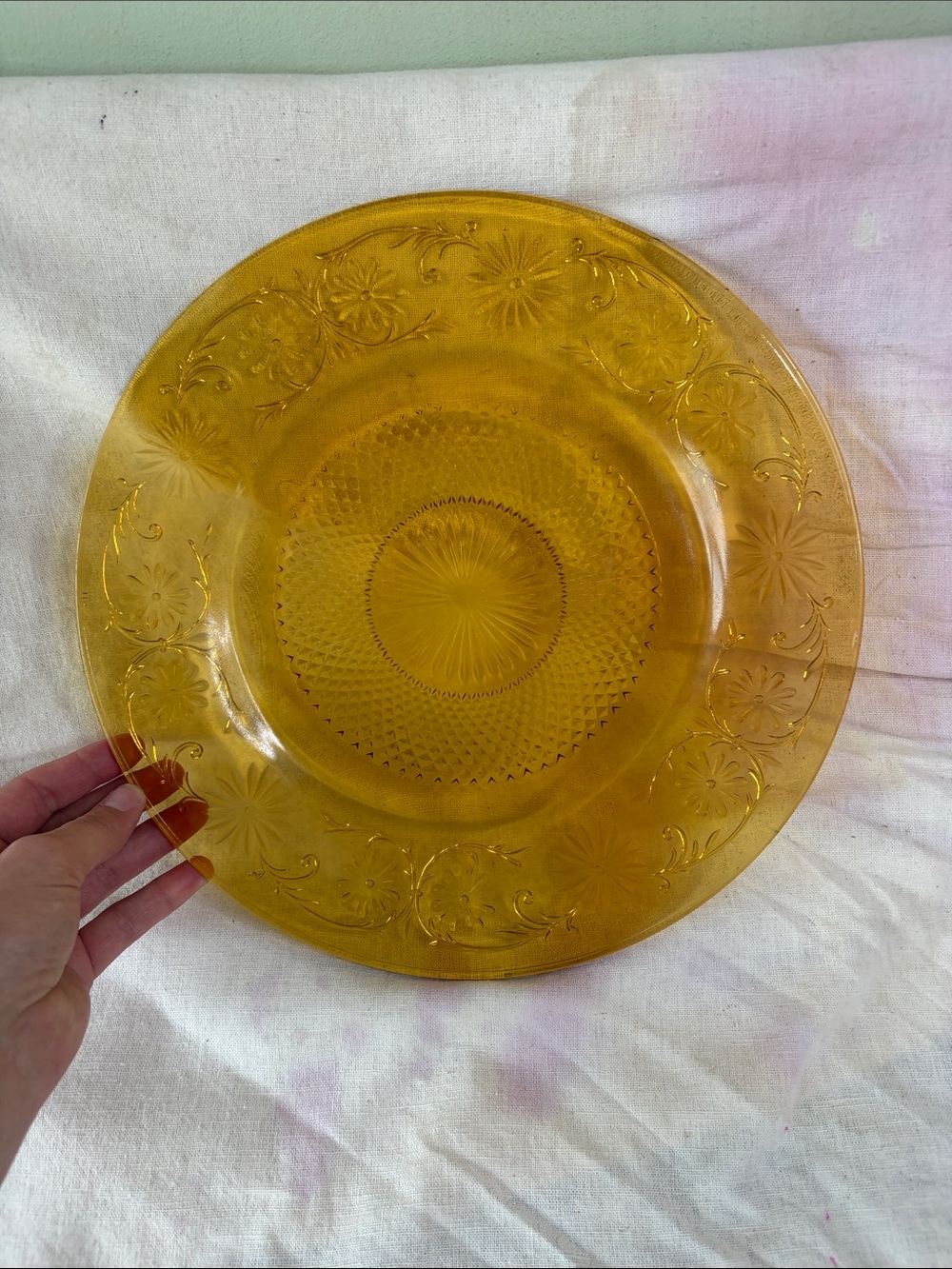Amber Pressed Glass Dinner Plate - Floral Pattern